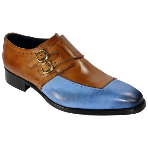 Duca Di Matiste 1409 Light Blue / Cognac Genuine Calfskin Loafer Double Monk Strap Shoes.